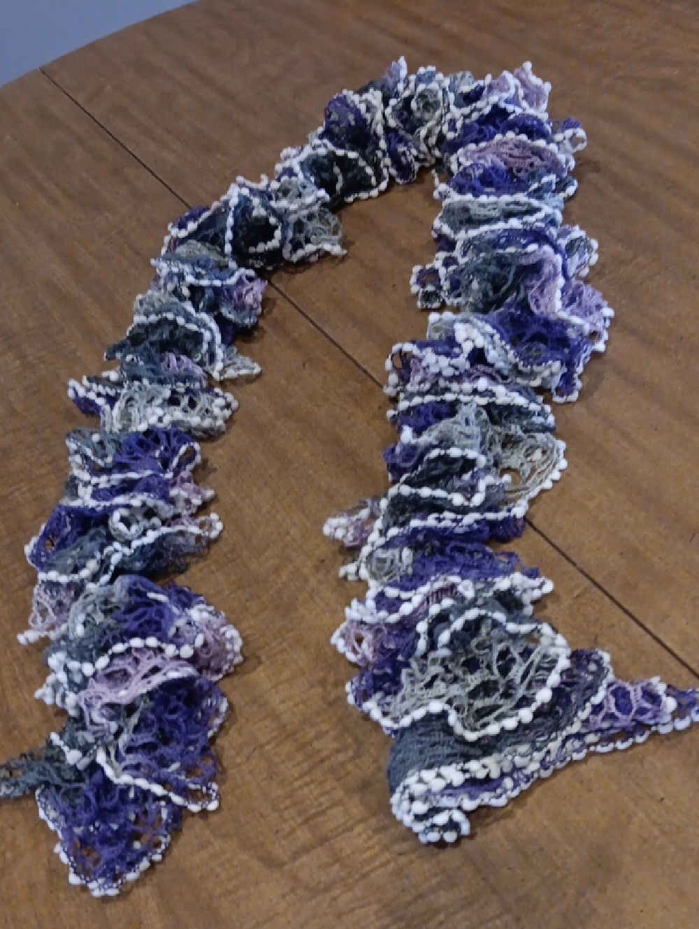 Ruffled Knit Scarf in Purple and Gray